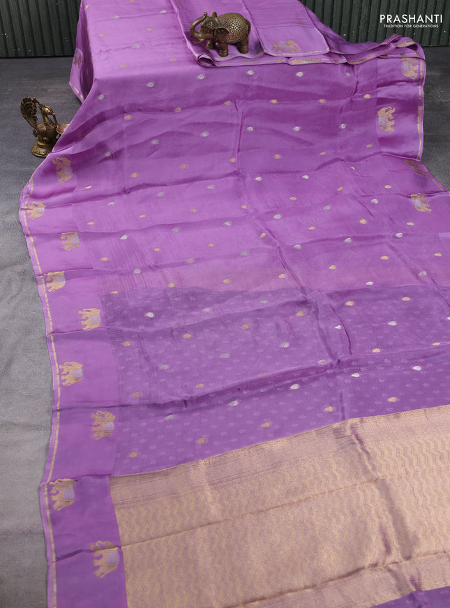 Art kota silk saree lavender and violet with allover silver & zari woven buttas and elephant design zari woven border
