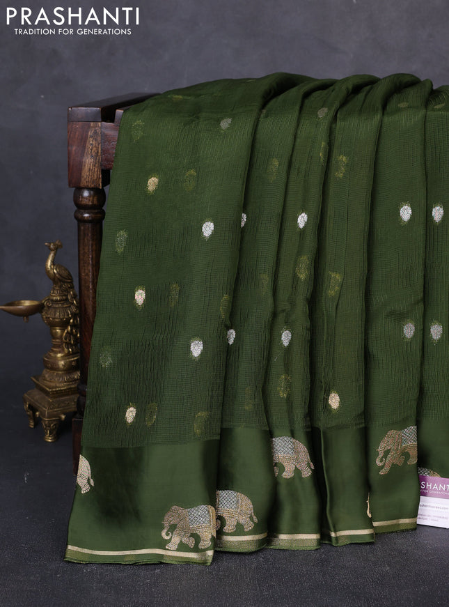 Art kota silk saree mehendi green and mustard yellow with allover silver & zari woven buttas and elephant design zari woven border
