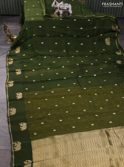 Art kota silk saree mehendi green and mustard yellow with allover silver & zari woven buttas and elephant design zari woven border
