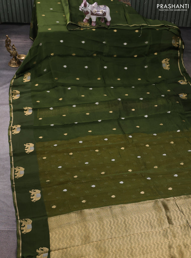 Art kota silk saree mehendi green and mustard yellow with allover silver & zari woven buttas and elephant design zari woven border