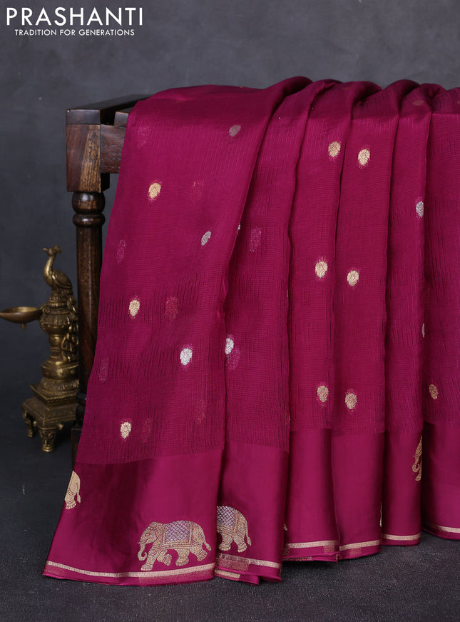 Art kota silk saree magenta pink and mustard yellow with allover silver & zari woven buttas and elephant design zari woven border