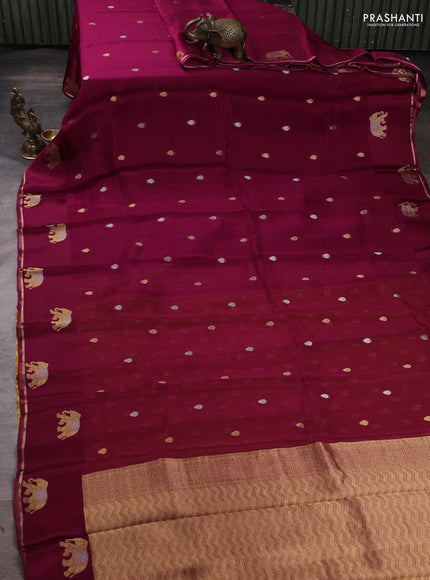 Art kota silk saree magenta pink and mustard yellow with allover silver & zari woven buttas and elephant design zari woven border