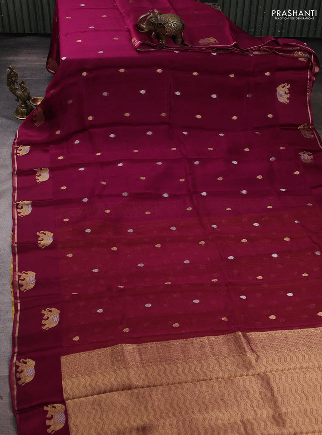 Art kota silk saree magenta pink and mustard yellow with allover silver & zari woven buttas and elephant design zari woven border