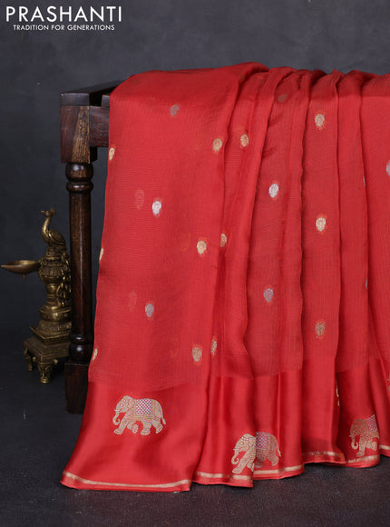 Art kota silk saree rustic orange and violet with allover silver & zari woven buttas and elephant design zari woven border
