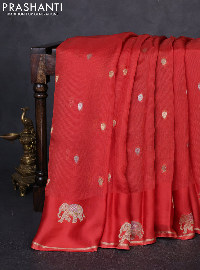 Art kota silk saree rustic orange and violet with allover silver & zari woven buttas and elephant design zari woven border
