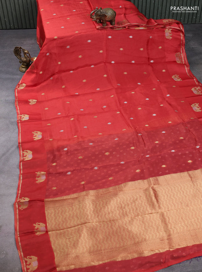 Art kota silk saree rustic orange and violet with allover silver & zari woven buttas and elephant design zari woven border