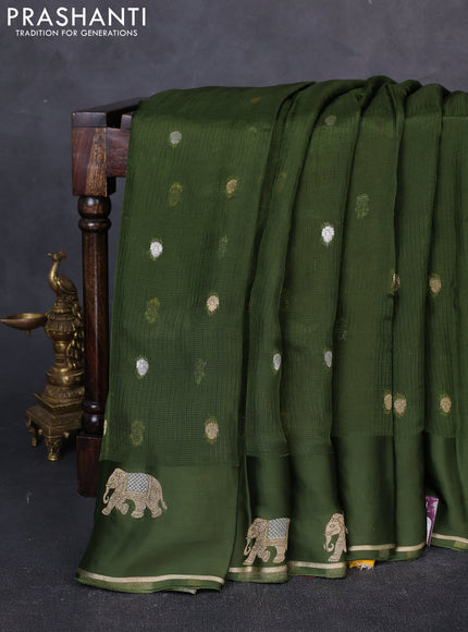 Art kota silk saree mehendi green and mustard yellow with allover silver & zari woven buttas and elephant design zari woven border