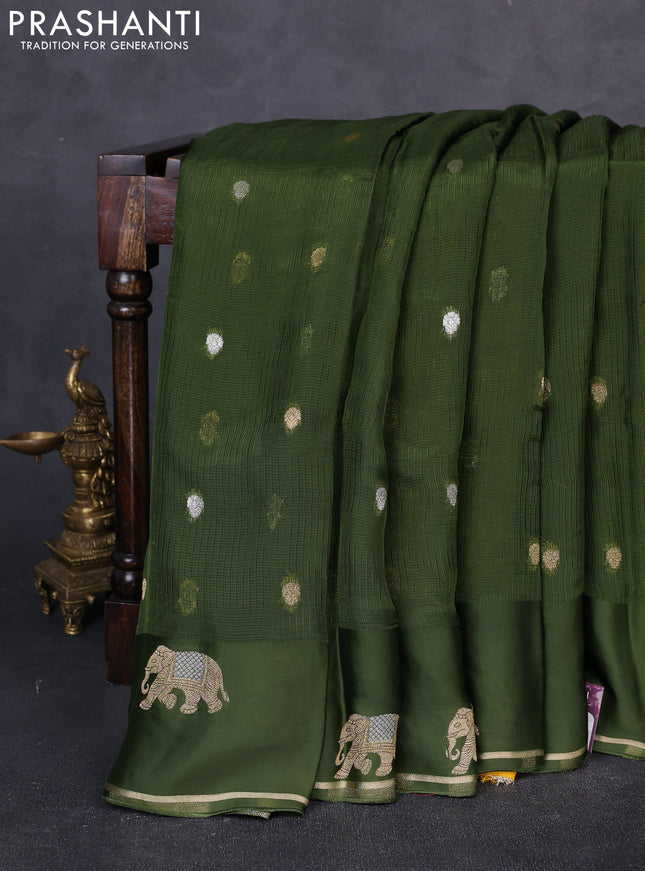 Art kota silk saree mehendi green and mustard yellow with allover silver & zari woven buttas and elephant design zari woven border