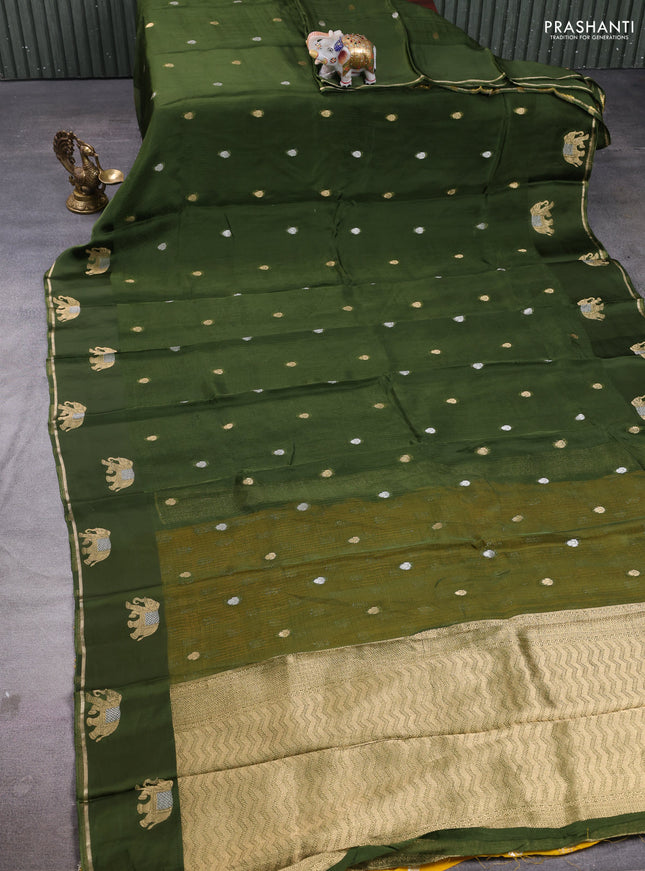 Art kota silk saree mehendi green and mustard yellow with allover silver & zari woven buttas and elephant design zari woven border