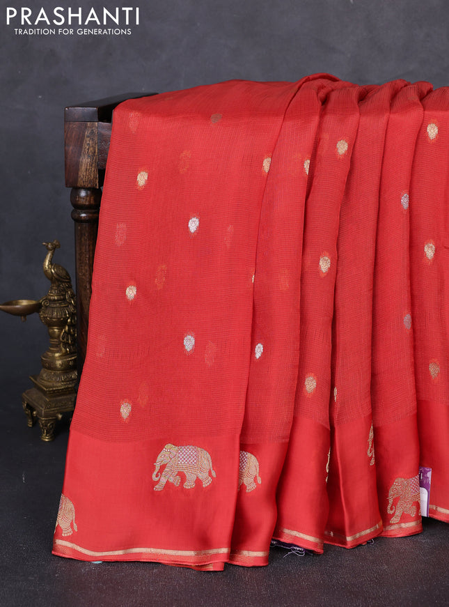 Art kota silk saree rustic orange and violet with allover silver & zari woven buttas and elephant design zari woven border