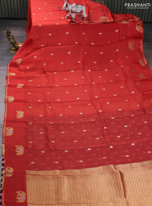 Art kota silk saree rustic orange and violet with allover silver & zari woven buttas and elephant design zari woven border