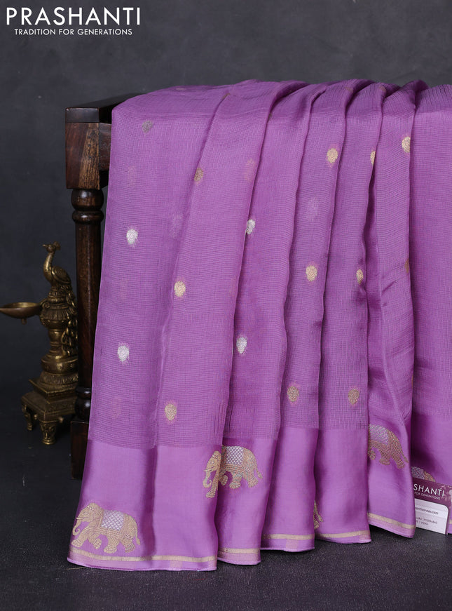 Art kota silk saree lavender and violet with allover silver & zari woven buttas and elephant design zari woven border