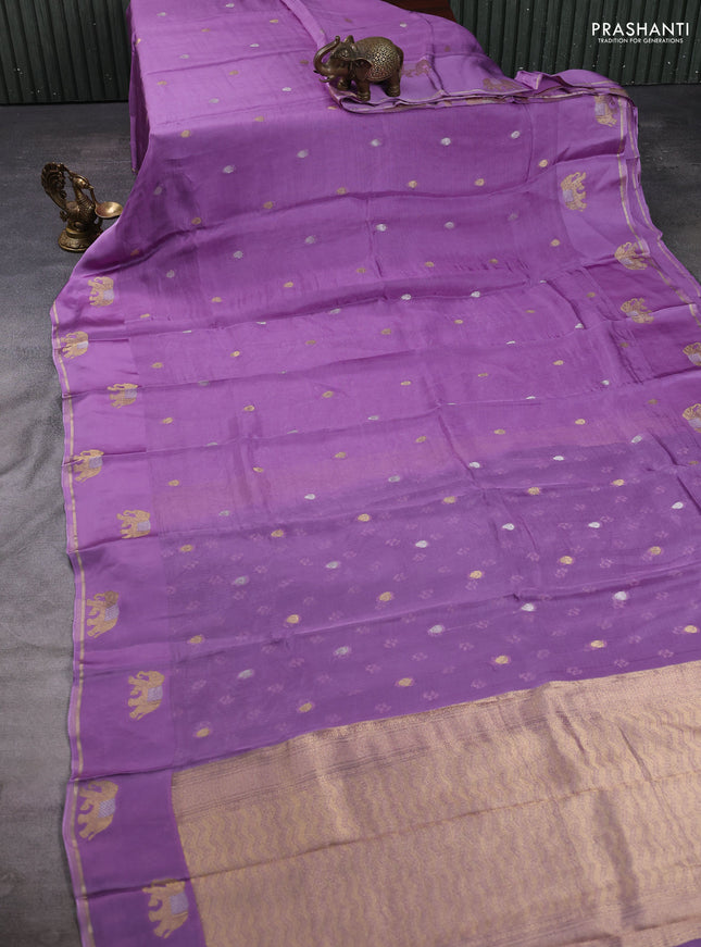 Art kota silk saree lavender and violet with allover silver & zari woven buttas and elephant design zari woven border