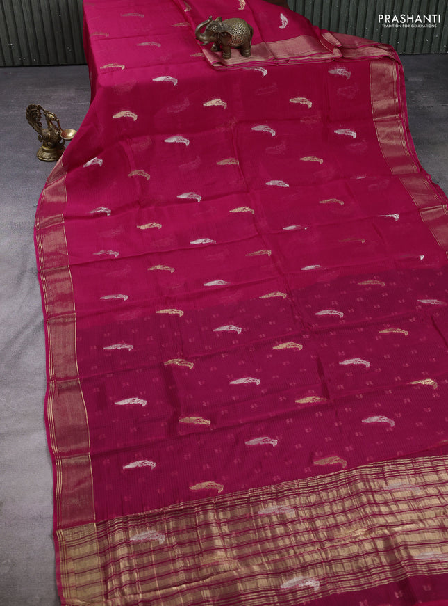 Art kota silk saree dark pink and green with allover silver & zari woven buttas and zari woven simple border