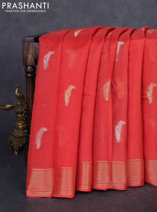 Art kota silk saree rustic orange and violet with allover silver & zari woven buttas and zari woven simple border