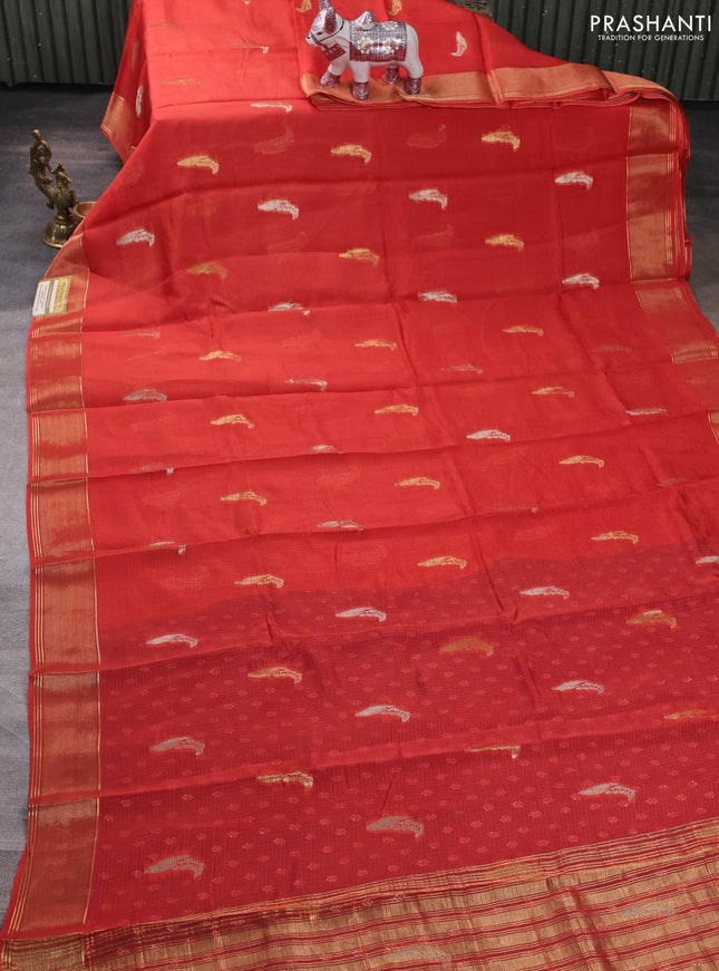 Art kota silk saree rustic orange and violet with allover silver & zari woven buttas and zari woven simple border