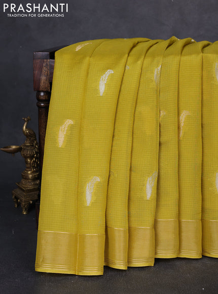 Art kota silk saree lime yellow and violet with allover silver & zari woven buttas and zari woven simple border