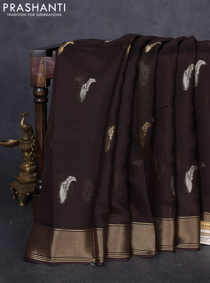 Art kota silk saree dark coffee brown and mustard yellow with allover silver & zari woven buttas and zari woven simple border