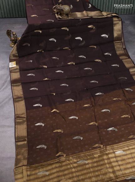 Art kota silk saree dark coffee brown and mustard yellow with allover silver & zari woven buttas and zari woven simple border