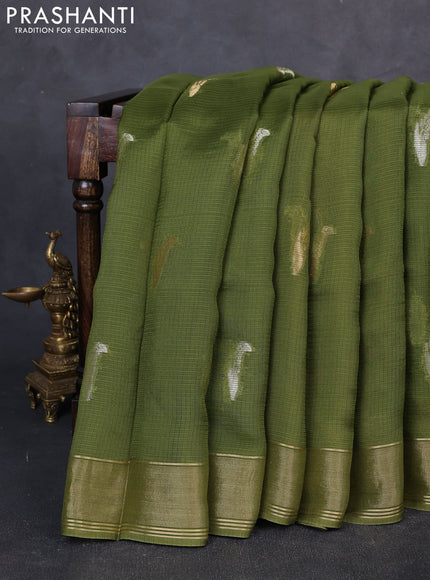 Art kota silk saree mehendi green and mustard yellow with allover silver & zari woven buttas and zari woven simple border