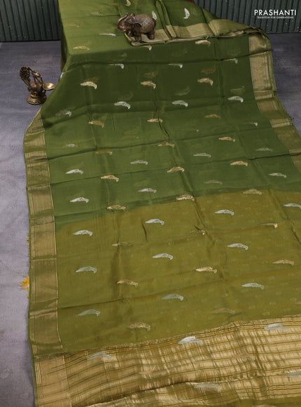 Art kota silk saree mehendi green and mustard yellow with allover silver & zari woven buttas and zari woven simple border