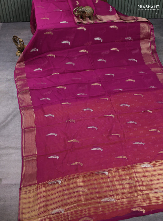 Art kota silk saree magenta pink and mustard yellow with allover silver & zari woven buttas and zari woven simple border