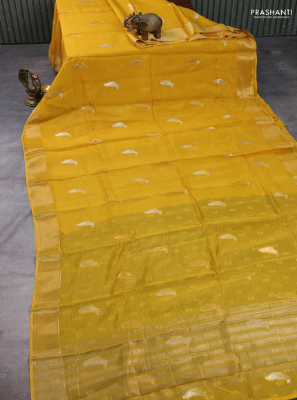 Art kota silk saree mustard green and green with allover silver & zari woven buttas and zari woven simple border