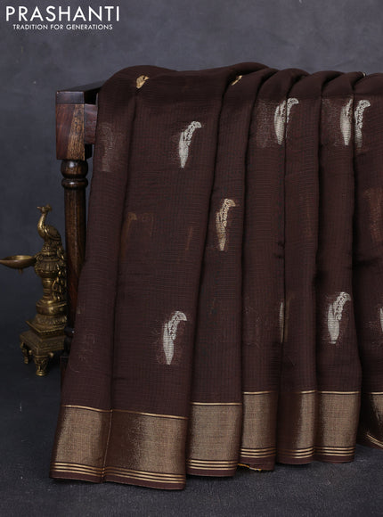 Art kota silk saree dark coffee brown and mustard yellow with allover silver & zari woven buttas and zari woven simple border