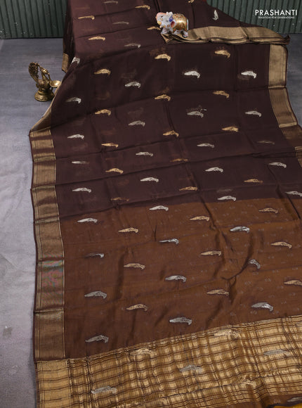 Art kota silk saree dark coffee brown and mustard yellow with allover silver & zari woven buttas and zari woven simple border