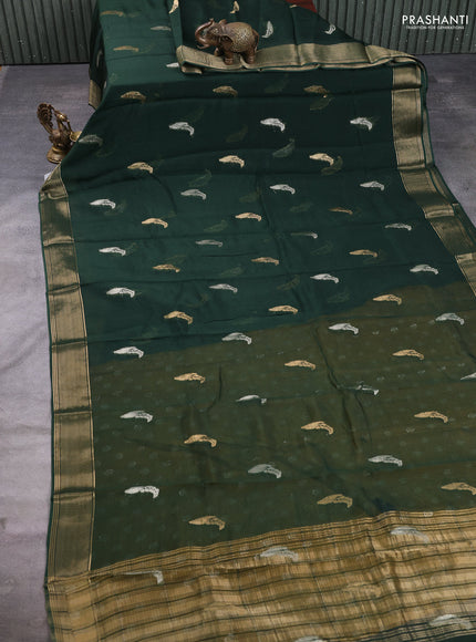 Art kota silk saree bottle green and mustard yellow with allover silver & zari woven buttas and zari woven simple border