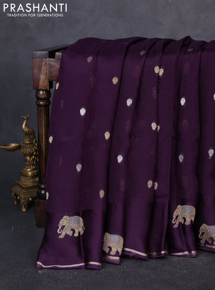 Art kota silk saree deep purple with allover silver & zari woven buttas and elephant design zari woven border