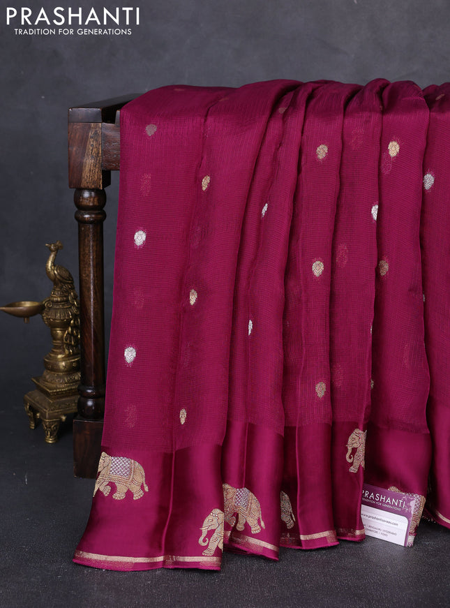 Art kota silk saree magenta pink with allover silver & zari woven buttas and elephant design zari woven border
