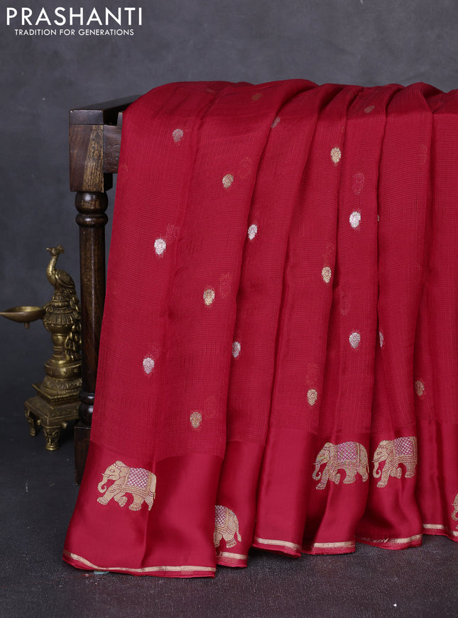 Art kota silk saree red with allover silver & zari woven buttas and elephant design zari woven border