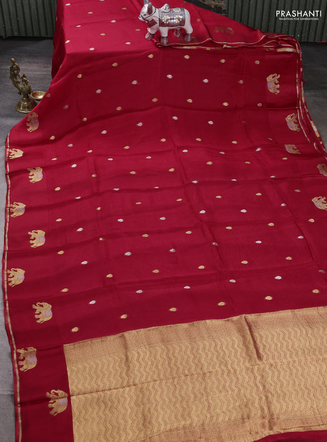 Art kota silk saree red with allover silver & zari woven buttas and elephant design zari woven border