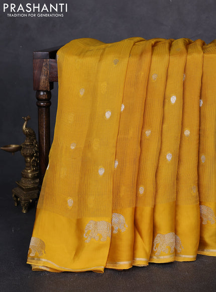 Art kota silk saree mustard yellow with allover silver & zari woven buttas and elephant design zari woven border