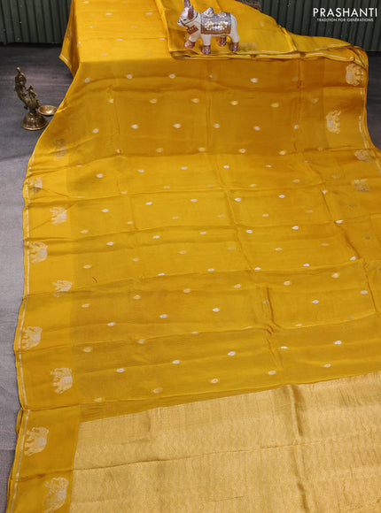 Art kota silk saree mustard yellow with allover silver & zari woven buttas and elephant design zari woven border