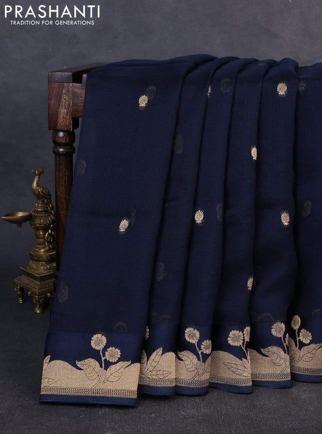 Art kota silk saree navy blue with allover zari woven buttas and floral zari woven butta border