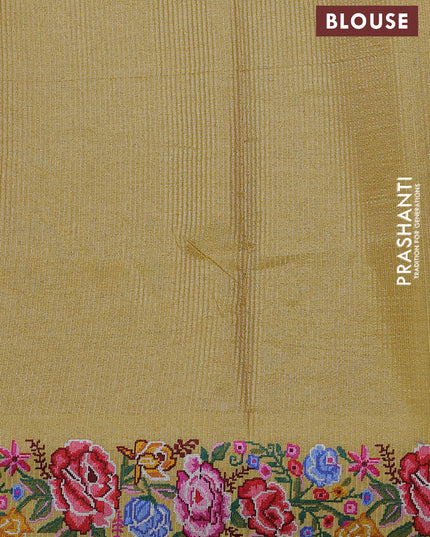 Semi tussar saree yellow with allover zari stripe pattern and floral embroidery border