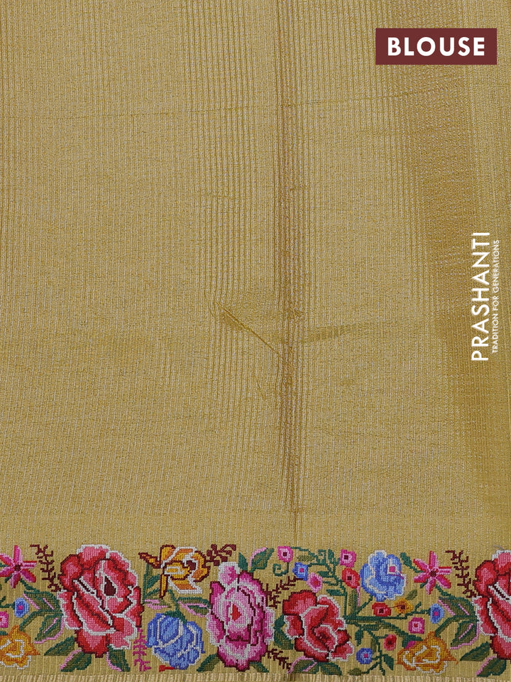 Semi tussar saree yellow with allover zari stripe pattern and floral embroidery border