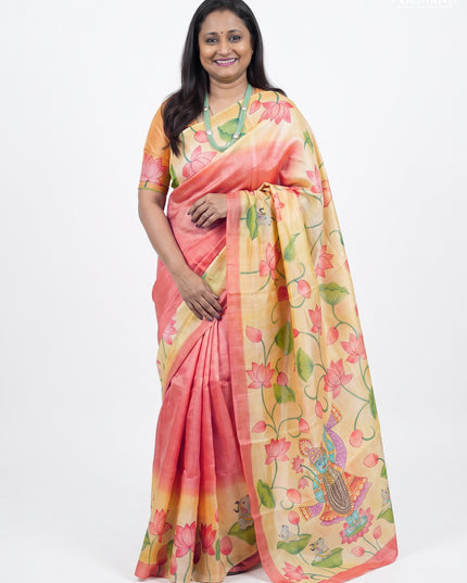 Pure tussar silk saree peach shade and pale yellow with plain body and pichwai hand painted printed pallu