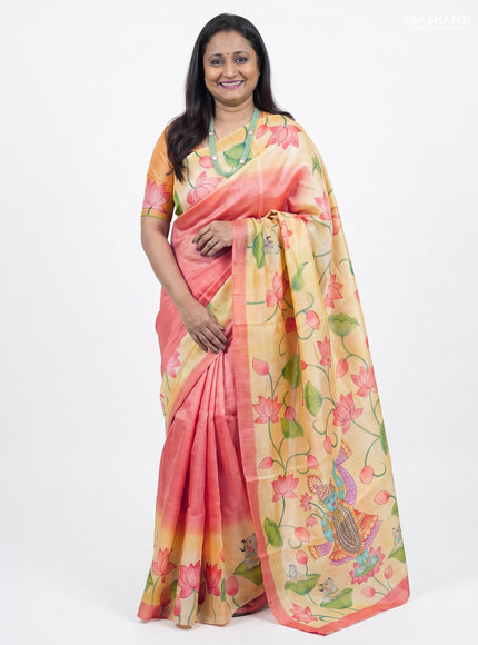 Pure tussar silk saree peach shade and pale yellow with plain body and pichwai hand painted printed pallu