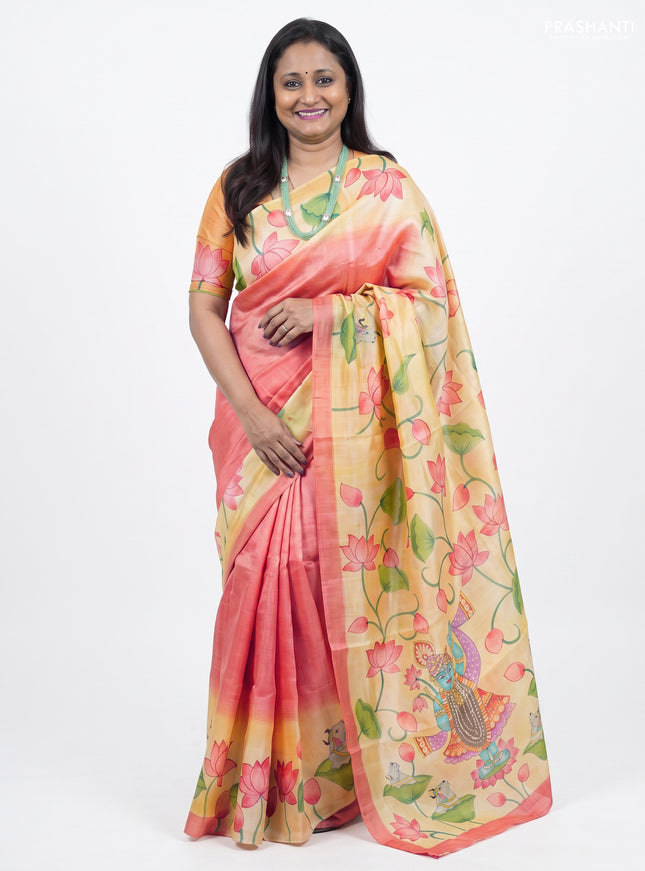 Pure tussar silk saree peach shade and pale yellow with plain body and pichwai hand painted printed pallu