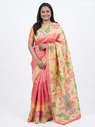 Pure tussar silk saree peach shade and pale yellow with plain body and pichwai hand painted printed pallu