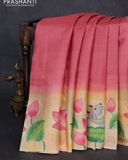 Pure tussar silk saree peach shade and pale yellow with plain body and pichwai hand painted printed pallu