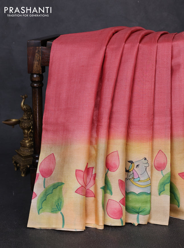 Pure tussar silk saree peach shade and pale yellow with plain body and pichwai hand painted printed pallu