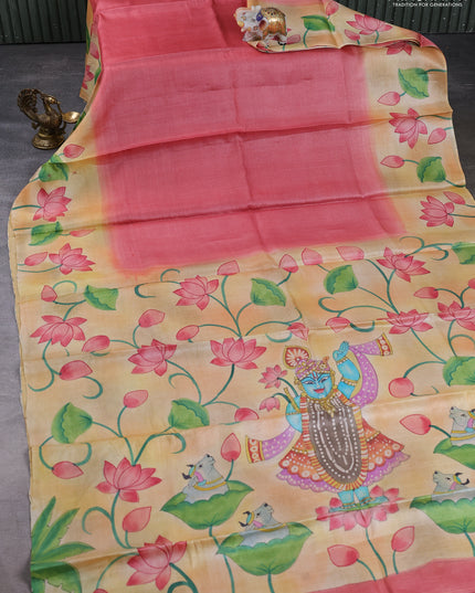 Pure tussar silk saree peach shade and pale yellow with plain body and pichwai hand painted printed pallu
