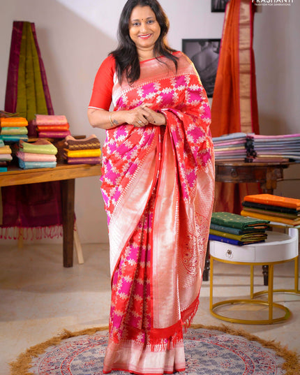 Pure Banarasi silk saree purple and red with allover zari weaves and zari woven border