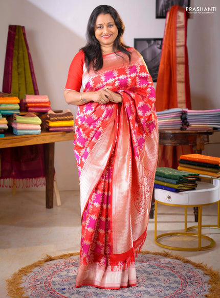 Pure Banarasi silk saree purple and red with allover zari weaves and zari woven border