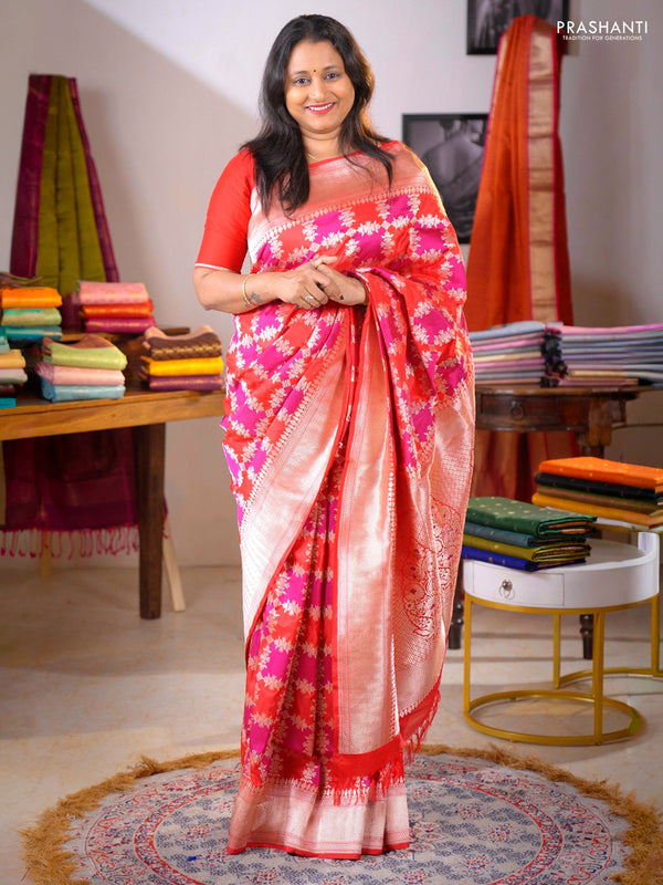 Pure Banarasi silk saree purple and red with allover zari weaves and zari woven border