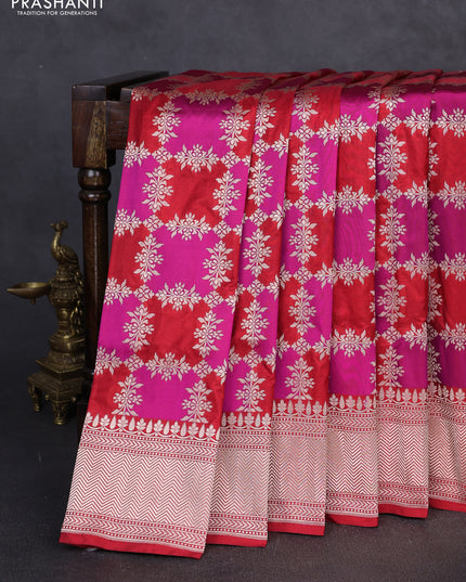 Pure Banarasi silk saree purple and red with allover zari weaves and zari woven border